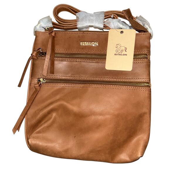 Estalon Brown Distressed Leather Crossbody Bag Purse Zipper Pockets - Picture 1 of 5